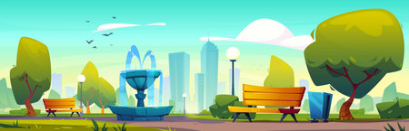Downtown city park with green garden, tree and bench scene. Town street landscape with nature field, road, fountain and urban cityscape view. Central New York sidewalk on sunny day illustrationのイラスト素材