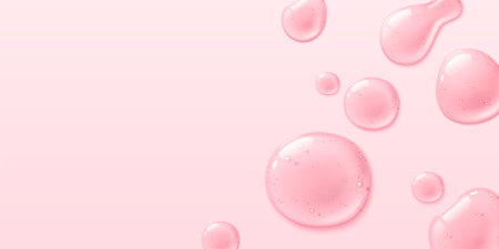 Soft pink background with glossy transparent jelly drops scattered across. Drops of various size and shape with air bubbles texture. Fresh delicate elegant border for beauty and skincare design.のイラスト素材
