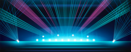Vivid stage with colorful laser crossing beams. Bright blue and pink lights, glowing points, smoke and smooth gradients. Concerts, events or entertainment themes energy, technology and spectacle.のイラスト素材