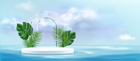 Minimalist promotion setting with transparent glass arch, green palm and monstera leaves behind white circular product podium standing on blue water surface background with soft clouds on sky.のイラスト素材