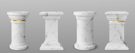 Collection of elegant marble podiums in classic design. White marble stand of round and square shapes with soft gray details, golden accents. Luxury platform for products display and award ceremony.のイラスト素材