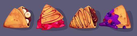 Cartoon crepes in golden tones filled with different toppings - bananas with chocolate, red cherry jam, blueberries with raspberries. Thin folded pancake fith syrup for French breakfast concept.のイラスト素材