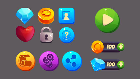 Game ui icons and interface design elements. Cartoon vector play button, bar with golden coin and blue diamond showing number of points, items to collect - heart and money, gemstone and lock.のイラスト素材