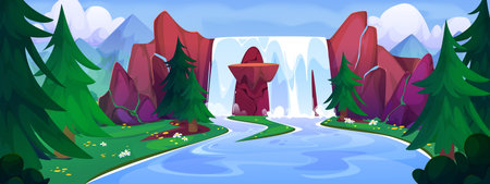 Cartoon summer landscape with waterfall - river stream with water falling from brown cliff rocks, mountain peaks and blue cloudy sky on background, green fir trees, grass and flowers on banks.のイラスト素材