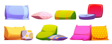 Colorful cartoon cushion collection with different patterns. Cozy home decor elements for bedroom or sofa arrangement - rectangular, square and round. Pillow for comfort sleep and fabric decoration.のイラスト素材