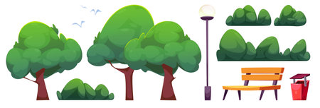 City public park elements collection - lush green trees with brown trunks, bushes, street lamp post, wooden bench and red trash bin. Nature objects and furniture for urban landscape compositionのイラスト素材