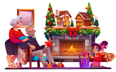 Grandparents and little girl near Christmas fireplace isolated on white. Vector cartoon illustration of elderly woman and old man in cozy armchair, granddaughter unpacking X-mas gift box near fireのイラスト素材