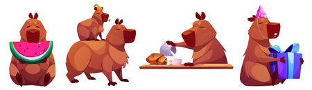 Cute capibara character set. Funny capybara enjoying watermelon slice, baby on parent back, having breakfast with croissant, celebrating birthday with present. Brown fluffy animal with joyful emotionsのイラスト素材