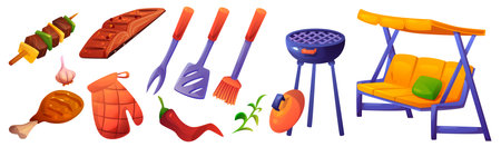 BBQ and grill cartoon set - skewered meat with vegetables, fish fillet, grilled chicken leg, protective mitt, cooking tools, round barbecue stand, garden swing bench, spices, herb for outdoor cooking.のイラスト素材
