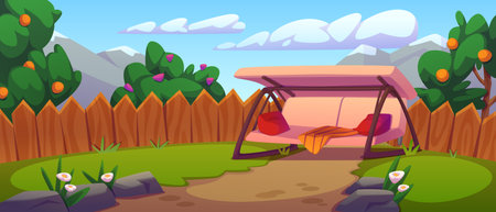 Cozy home backyard garden scene with pink swing bench, wooden fence and fruit trees. Mountain view landscape with blooming flowers, green lawn, stone decorations and comfortable outdoor furniture.のイラスト素材