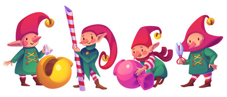 Cute cartoon Christmas elves in festive outfits. Santa Claus helpers characters holding scissors, holding caramel cane, dragging big candy and polishing golden bell. Funny dwarf for winter design.のイラスト素材