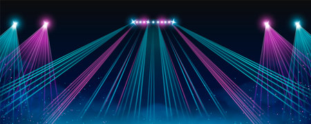 Stage lighting performance scene - dazzling spotlights with blue and pink laser beams through dark space, bright floating glitter particles and cloud on midnight background. Nightclub entertainment bgのイラスト素材