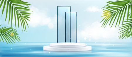 Water podium display with luxury white circular platform floating on blue surface, elegant glass panels backdrop, tropical palm leaves. Refreshing seaside scene for premium product presentation.のイラスト素材