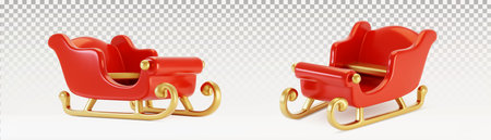 3D Santa sleigh set isolated on transparent background. Vector realistic illustration of magic transport for holiday gifts transportation, red and yellow sled side view, fairytale Christmas carriageのイラスト素材