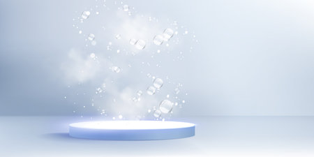 3d blue circle podium with bubble for product. Abstract cosmetic platform with cloud and flying realistic soap sphere in studio. Minimal pastel room render with pedestal on floor and smoke on bg.のイラスト素材
