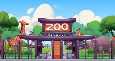 Zoo park entrance scenery. Wooden gate with purple roof, turnstiles and metal fence, safari animals inside - giraffe, zebra, cheetah cubs and hippo. Landscape with lush greenery, pond and clouds.のイラスト素材