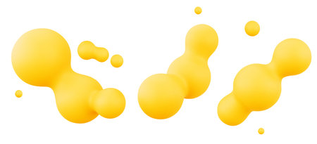 Abstract yellow metaballs set isolated on white background. Vector realistic illustration of round 3D liquid blobs, color fluid bubbles, organic substance molecule, cell cluster, geometric elementのイラスト素材