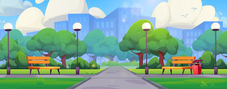 Summer city park with benches and trees. Vector cartoon illustration of urban public garden, green lawn and bushes, wooden benches, street lanterns along alleys, birds flying in sky, modern buildingsのイラスト素材