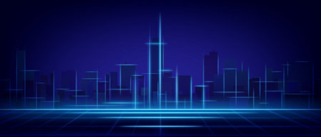 Tech city abstract neon scene with glowing blue geometric skyline. Futuristic digital metropolis silhouette on dark background with luminous grid. Cyberpunk urban landscape for technological concept.のイラスト素材