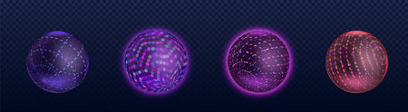 3D tech globes set isolated on transparent background. Vector realistic illustration of planet balls with neon dot, line, wireframe pattern, global communication technology symbol, internet iconのイラスト素材