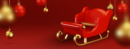 Sleigh 3d podium on red background. Christmas display scene with scarlet transport, golden ornate runners and hanging baubles. Festive promotional setup for winter holiday and seasonal presentations.のイラスト素材