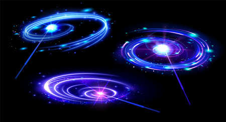 Magic wand neon portal effects with swirling blue and purple spirals. Mystical cosmic vortexes of glowing trails and sparkling starry elements. 3d vector fantasy or cosmic game interfaces design.のイラスト素材