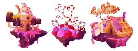 Candy land floating islands set. Chocolate platforms with pink syrup, cupcake tower with ice cream trees, striped candy canes with jelly, waffle cottage with marshmallow for fantasy game design.のイラスト素材