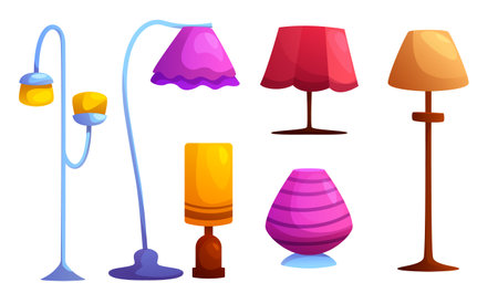 Table and floor lamp collection - curved blue standing light, purple wavy lampshade, crimson table illumination, orange cylindrical fixture and magenta striped modern desk light. Interior design assetのイラスト素材