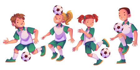Sport kids character set - children playing soccer in white and green uniforms, demonstrating different ball control techniques, dribbling and heading skills. Youth football game educational design.のイラスト素材