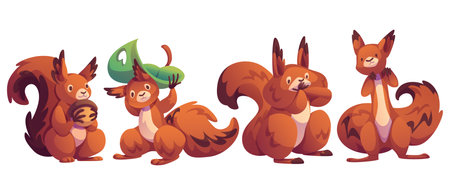 Cute squirrel character set. Cartoon mascot in different poses - holding acorn, hiding under green leaf umbrella, eating and standing tall. Expressive forest animal with brown fur and playful gesturesのイラスト素材