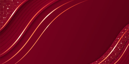 Red luxury background with curved golden lines and glowing dots pattern. Dark burgundy gradient waves decorated with shimmering accents. Elegant award ceremony backdrop for premium presentations.のイラスト素材