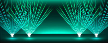 Turquoise laser lights on stage background. Vector realistic illustration of bright neon illumination for nightclub show, dance party, disco club, presentation backdrop, podium with floodlight effectのイラスト素材