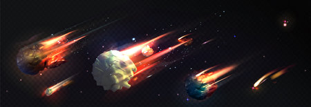 Asteroid space set of blazing cosmic rocks with luminous fire trails flying through starry cosmos. Realistic massive meteorites surrounded by burning plasma effects and smaller flaming comets.のイラスト素材
