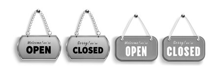 Sign board collection with open and closed messages - metallic plates hanging with chrome chain and rope. Business door hangers set for shops, restaurants or retail stores in silver color and texture.のイラスト素材