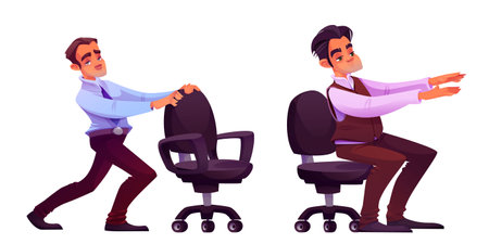Stretch exercises at work - office employee doing chair based fitness movements. Man performs mobility training using furniture to maintain physical activity during desk job. Workplace wellnessのイラスト素材