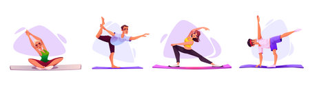People practicing yoga stretch poses set - cartoon characters demonstrating balance, flexibility exercises on mats. Athletic figures performing various training positions for wellness design.のイラスト素材