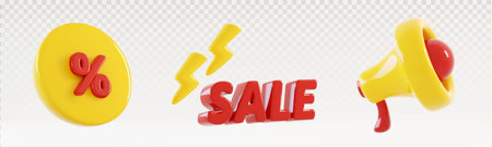 3D discount coupon elements - yellow circle with red percentage mark, text highlighted by lightning bolts, megaphone speaker. Marketing promo design set for e-commerce flash sales and special offers.のイラスト素材