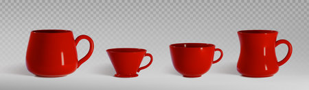Red coffee cup mockup set of different shapes - wide rounded mug, conical teacup, traditional bowl shaped vessel and curved pitcher. Realistic ceramic drinkware for brand identity presentation.のイラスト素材