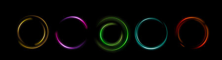 Neon ring collection - luminous circular frames in blue, red, green, yellow and pink colors. Glowing lined geometric shapes with sparkle effect on dark background. Futuristic interface design elementsのイラスト素材
