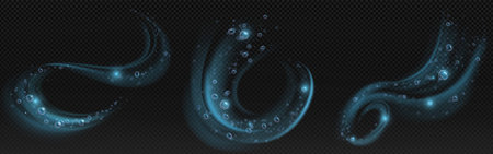 Luminous bubble swirl effects in blue color with transparent spheres along curved paths. Glowing spiral trails with floating orbs. Magical underwater fantasy whirlpool elements with detergent foam.のイラスト素材