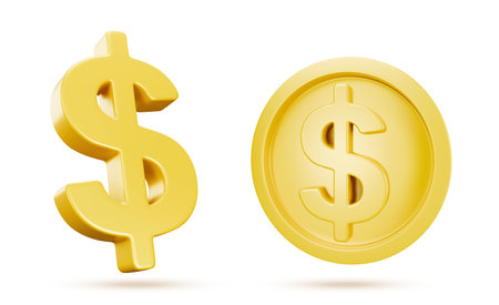 Gold 3d dollar symbol in currency sign and coin design with yellow metallic surface. Realistic financial floating icons with shadow for banking banner, economic presentation or casino win concept.のイラスト素材