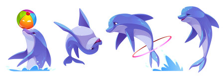Cute dolphin character set in playful poses - performing tricks with beach ball, jumping through pink ring, splashing in water. Cartoon marine mammal in bright blue color with cheerful expressions.のイラスト素材