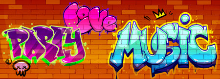 Graffiti cartoon words painted on red brick wall background - text with decorative elements skull, crown, drips. Street art typography with bright outlines, shadow effects. Urban mural designのイラスト素材