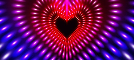 Neon heart shaped pattern with radiating bright spots of gradient color from red, pink to blue edges. Glowing rays on dark backdrop. Dynamic love or Valentine day themed presentation background.のイラスト素材