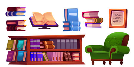 Library furniture set isolated on white background. Vector cartoon illustration of old paper books, piles of literature and textbooks on wooden shelf, cozy armchair, picture frame, bookstore interiorのイラスト素材
