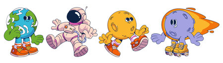 Groovy space characters set. Cosmic mascots - Earth in sneakers, playful astronaut, walking friendly planet in shoes and skating purple meteor with orange comet fire tail. Universe cartoon charactersのイラスト素材