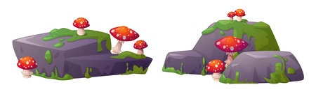 Bright red spotted mushrooms scattered on mossy swamp stones - natural platform design with grey rock formations and green grass growth. botanical pond or forest environments cliff boulder element.のイラスト素材