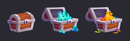 Treasure chests set isolated on black background. Vector cartoon illustration of open and closed wooden boxes with turquoise gemstones, golden coins, shiny royal crown, jewelry, treasury game assetsのイラスト素材