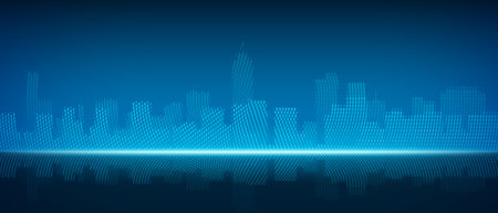 Abstract tech city skyline background. Vector realistic illustration of blue cityscape, modern building silhouettes and skyscrapers, futuristic communication technology, virtual reality, business bannerのイラスト素材