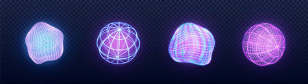 Tech sphere 3d wireframe set - neon glowing geometric shapes with grid pattern in purple and pink gradient. Abstract digital mesh globes with luminous lines and deformed surfaces. Futuristic elements.のイラスト素材